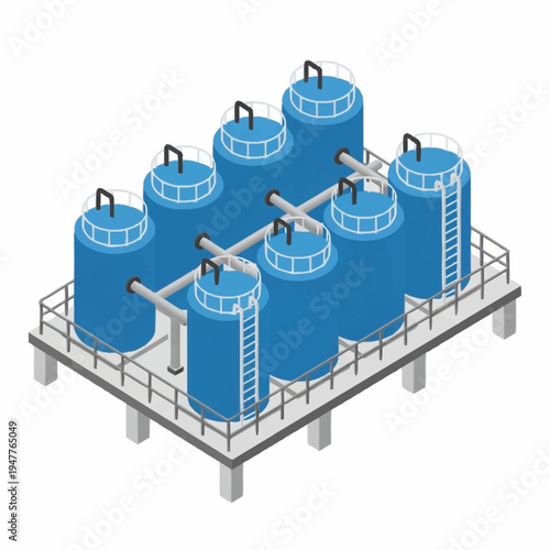 Isometric illustration of an industrial water treatment plant with tanks and pipes.