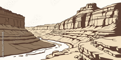 A large rocky cliffside with a building on the left Vector
