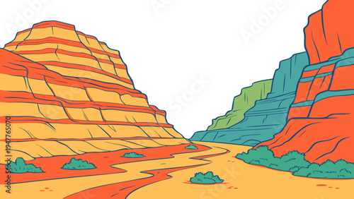 A colorful illustration of red rock formations in a desert landscape Vector