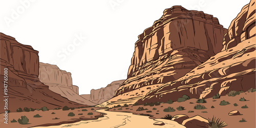 A desert canyon with rocky cliffs Vector