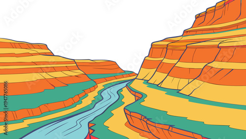 A colorful cross-section of a canyon with a river running through it Vector