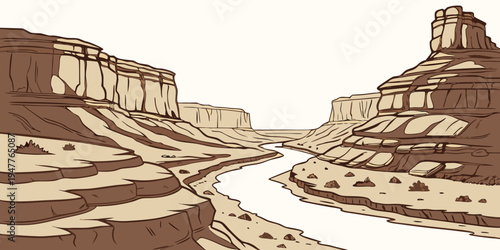 A desert canyon with a river running through it Vector