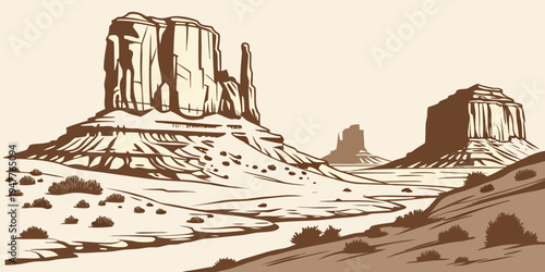 A brown illustration of a desert landscape with rock formations Vector