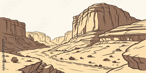 A desert landscape with a large rock formation Vector