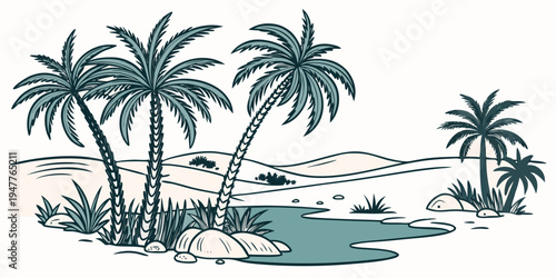 A tropical island with palm trees and a body of water Vector