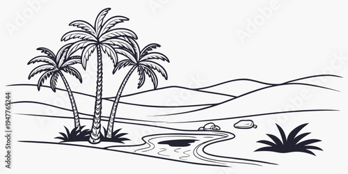 A black and white drawing of a tropical island with palm trees Vector