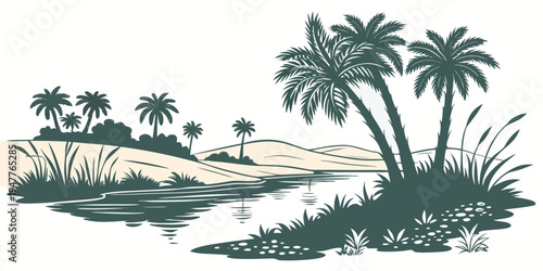 A serene landscape with palm trees and a body of water Vector