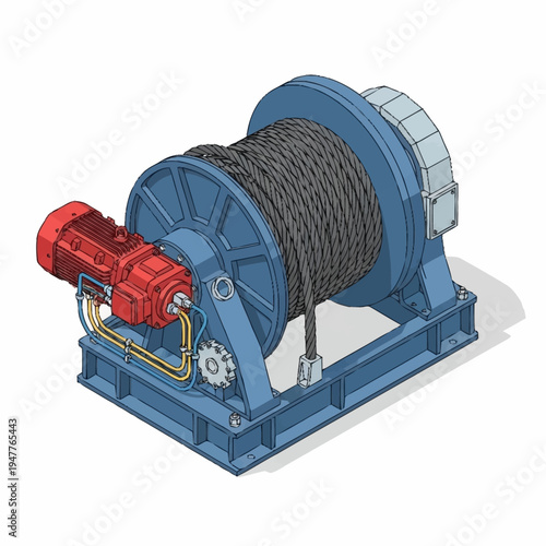 A detailed 3D rendering of a heavy-duty industrial electric winch with a red motor and gearbox, mounted on a blue steel frame with a large spool of thick cable.