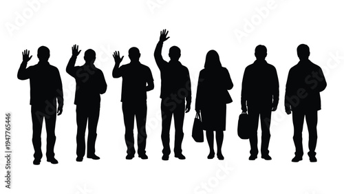 A group of people standing in a row with various hand gestures