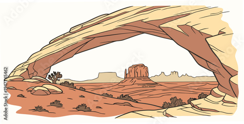 A large rock arch in the desert with a small rock formation underneath Vector