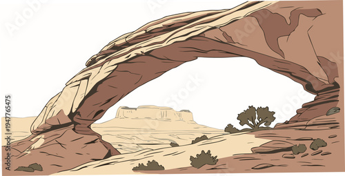 A large rock arch in a desert landscape Vector