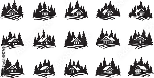Black and white houses in forest illustration seamless pattern