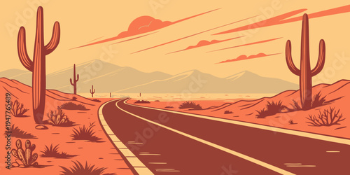 A desert road with cacti and mountains in the background Vector