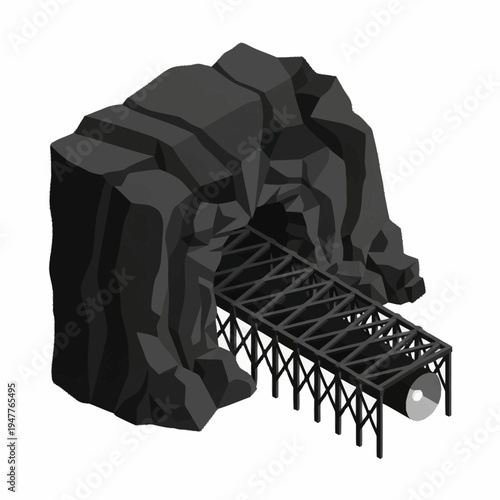 Isometric illustration of a dark, rocky cave entrance with a metal bridge leading into a tunnel.
