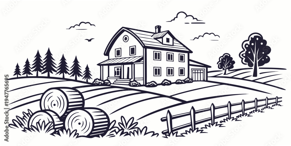 Naklejka premium A large house sits in a rural area next to a fenced field and tractor Vector