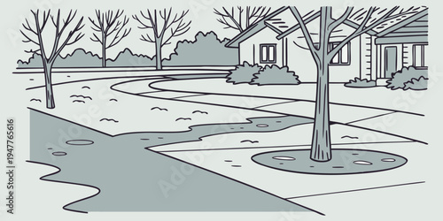 A black and white drawing of a suburban street with snow on the ground Vector