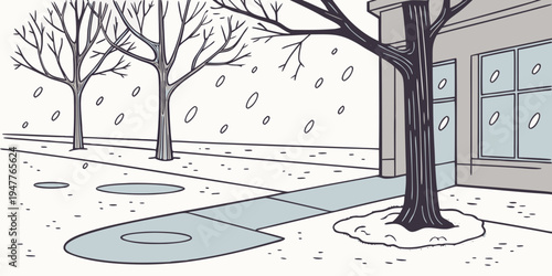 A sidewalk and trees in the snow next to a building Vector