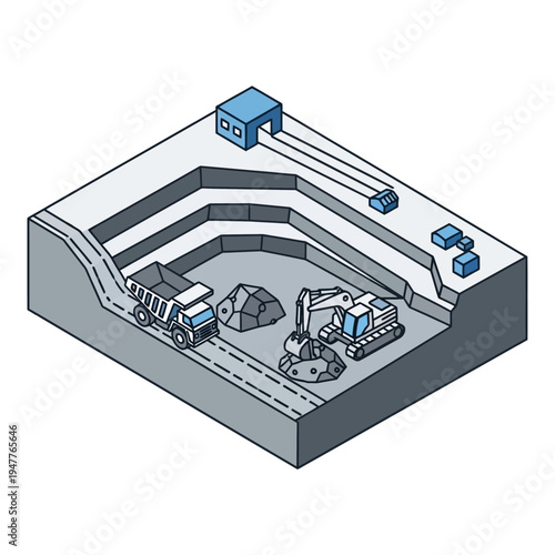 Isometric illustration of an open-pit mine with heavy machinery, including a dump truck and excavator, alongside mining infrastructure.