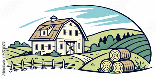 A white house with a brown roof on a green hill Vector