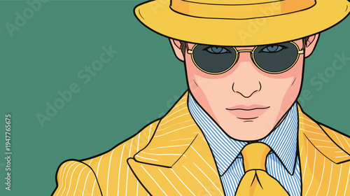 A man wears a yellow suit and hat while using sunglasses. He looks directly at the viewer with confidence.