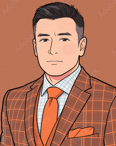 A man wears an orange suit with a tie and a checkered shirt. He has a serious expression and stands in front of a brown backdrop.
