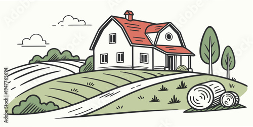 A white house with a red roof on a green hill Vector