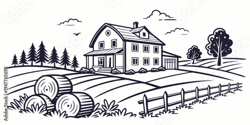 A large house sits in a rural area next to a fenced field and tractor Vector