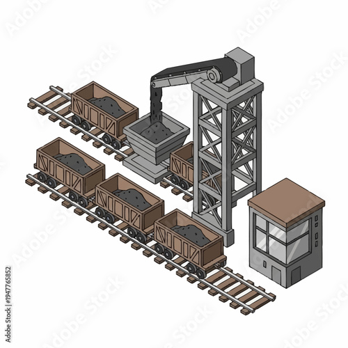 Isometric illustration of a coal mine with train cars and a loading station.