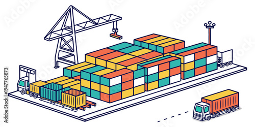 A large cargo port with shipping containers and a crane Vector