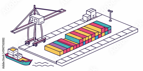 Cargo ship and crane loading colorful containers on dock Vector