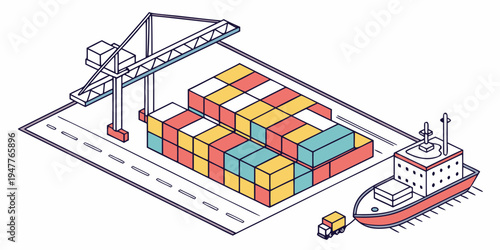 A cargo ship and crane loading colorful shipping containers Vector