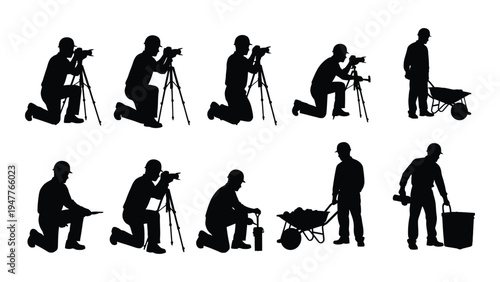 Silhouettes of photographers at work in various positions