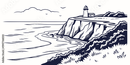 A small lighthouse on a rocky cliff by the sea Vector