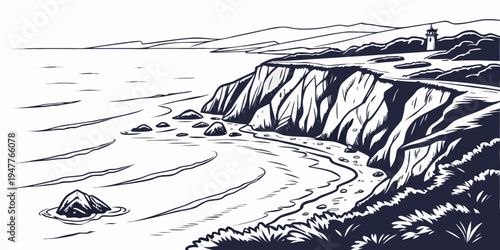 A rocky cliffside by the ocean with waves crashing Vector