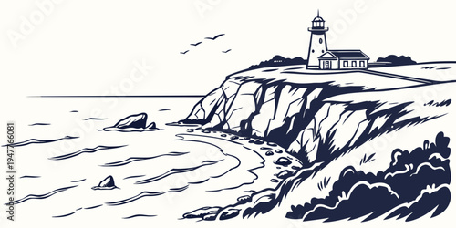 A black and white drawing of a lighthouse on a rocky cliff Vector