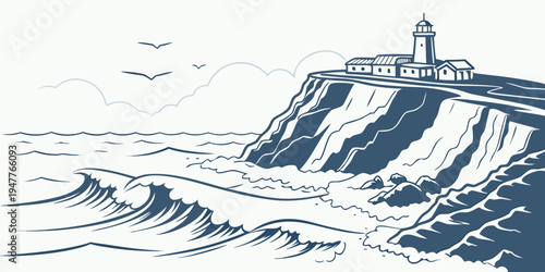 A blue and white drawing of a lighthouse on a rocky cliff Vector