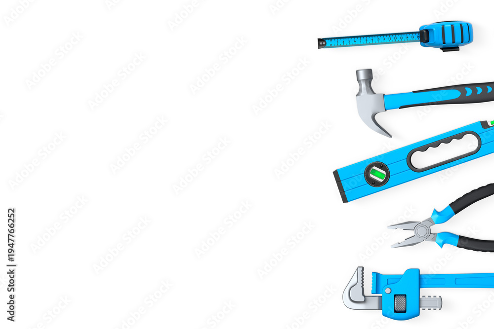 Obraz premium Various hand tools such as saw, screwdriver, hammer, wrench, pliers, and level isolated on white background with clipping path