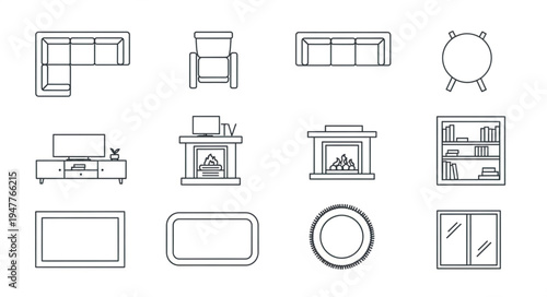Interior Design Elements - Furniture and Fixtures Line Art.