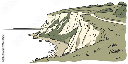 A cliff with a road on top next to the ocean Vector