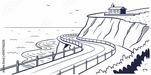 A scenic road winding around a cliffside with a small building on top Vector