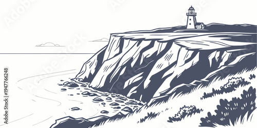 A small lighthouse on top of a cliff by the sea Vector