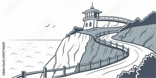 A scenic coastal lighthouse with a winding road Vector