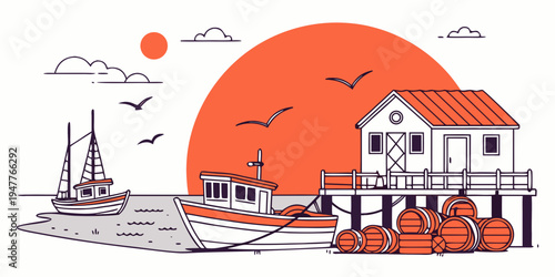 A house with a red roof sits by the water Vector