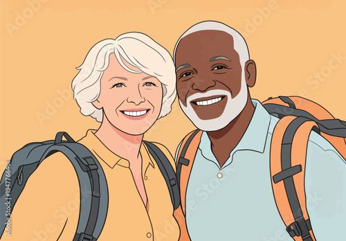A couple stands together with backpacks, both smiling happily while enjoying their outdoor time in a sunny environment.