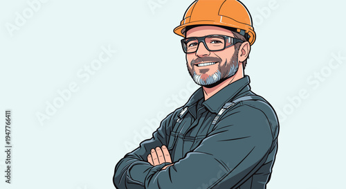 A construction worker stands with arms crossed and a smile. He wears a hard hat and glasses, showing pride in his work.