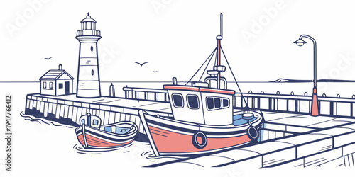 A fishing boat is docked at a pier near a lighthouse Vector