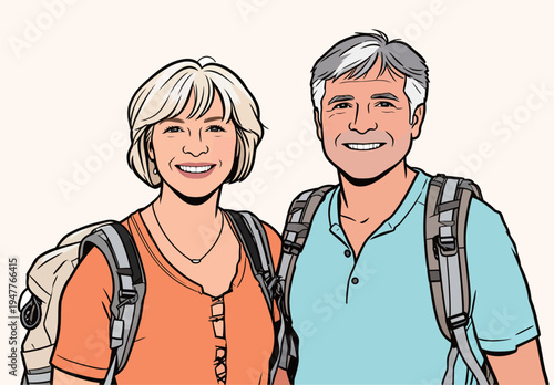 Two people stand close together, both smiling happily while wearing hiking backpacks. They appear ready for an adventure outside.