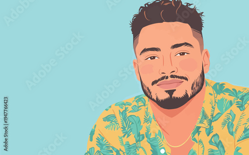 A man poses with a smile while wearing a bright shirt. The background is light blue, and he appears confident and relaxed.