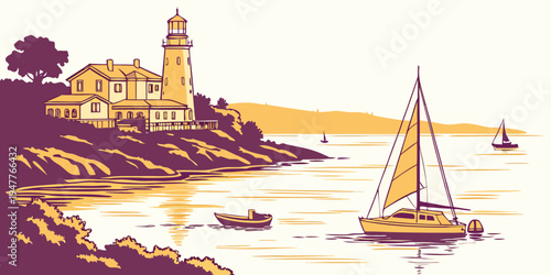 A pixelated image of a lighthouse on a rocky coastline with a sailboat Vector