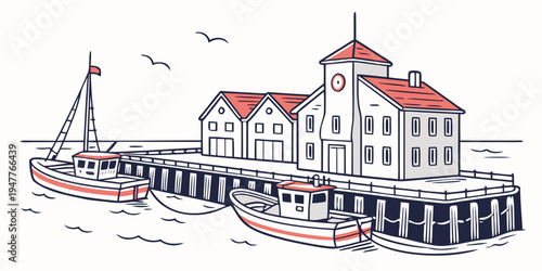 A large building with a red roof and a pier Vector